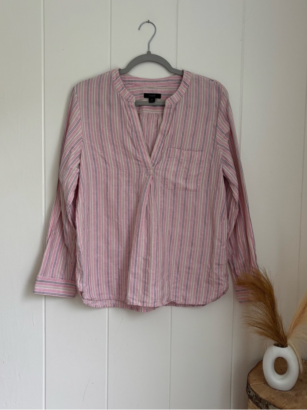 J. Crew Pink and White Striped Split-Neck Cotton Blouse